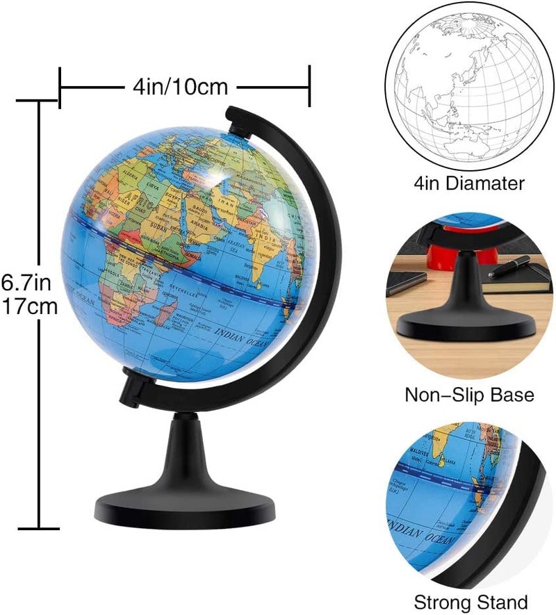 Wizdar 4'' World Globe for Kids Learning, Educational Rotating World Map Globes Mini Size Decorative Earth Children Globe for Classroom Geography Teaching, Desk and Office Decoration-4 inch - Image 2